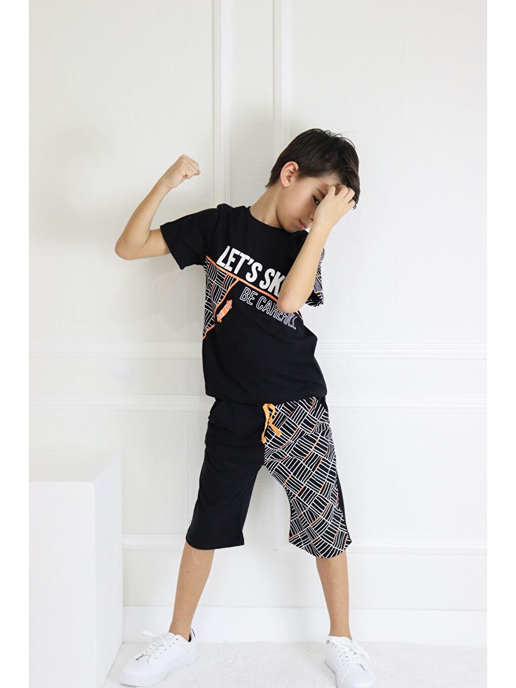 Siyah Erkek Çocuk Lets Skate Baskılı Kısa Kollu Basic Basic Takım 6-9 Yaş-5