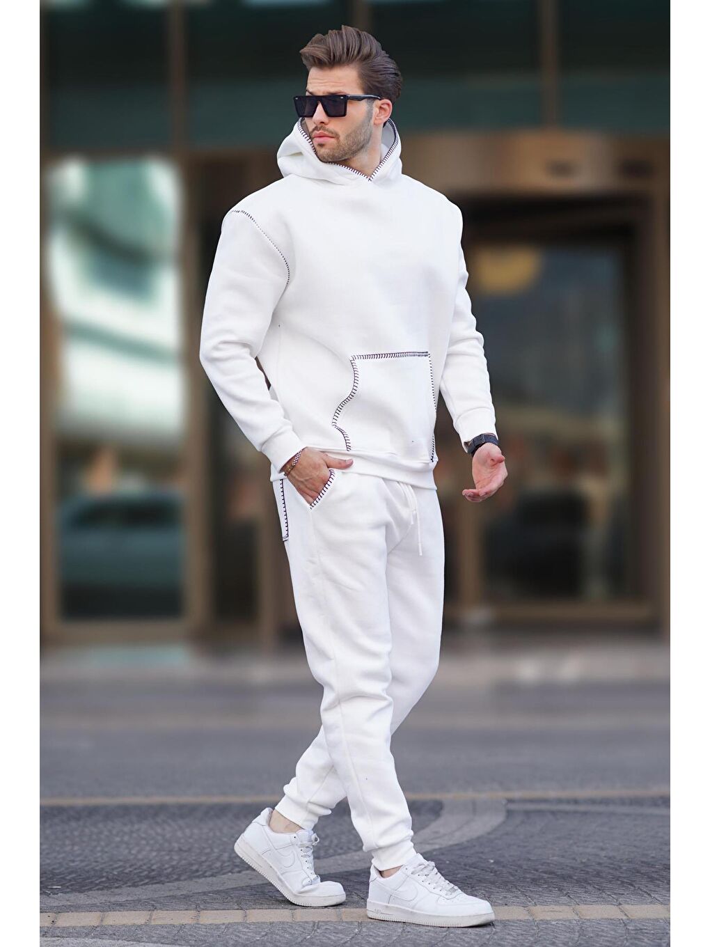 Ekru Erkek Kapüşonlu Paçası Lastikli Eşofman Takımı 7045-1