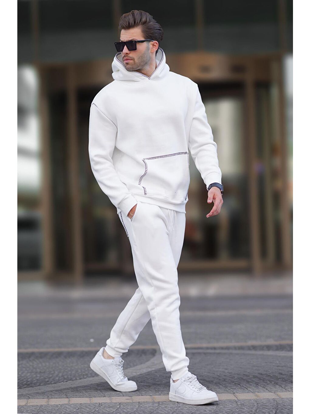 Ekru Erkek Kapüşonlu Paçası Lastikli Eşofman Takımı 7045-2