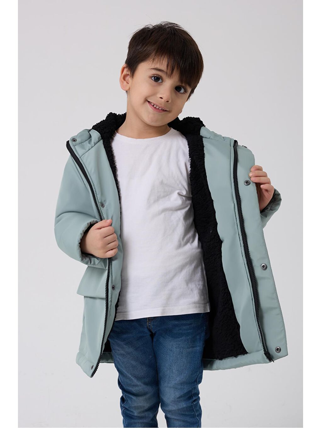 Yeşil Erkek Çocuk Kürklü Su Ve Rüzgar Geçirmez Kapüşonlu 3 Kışlık Mont & Kaban & Parka-1