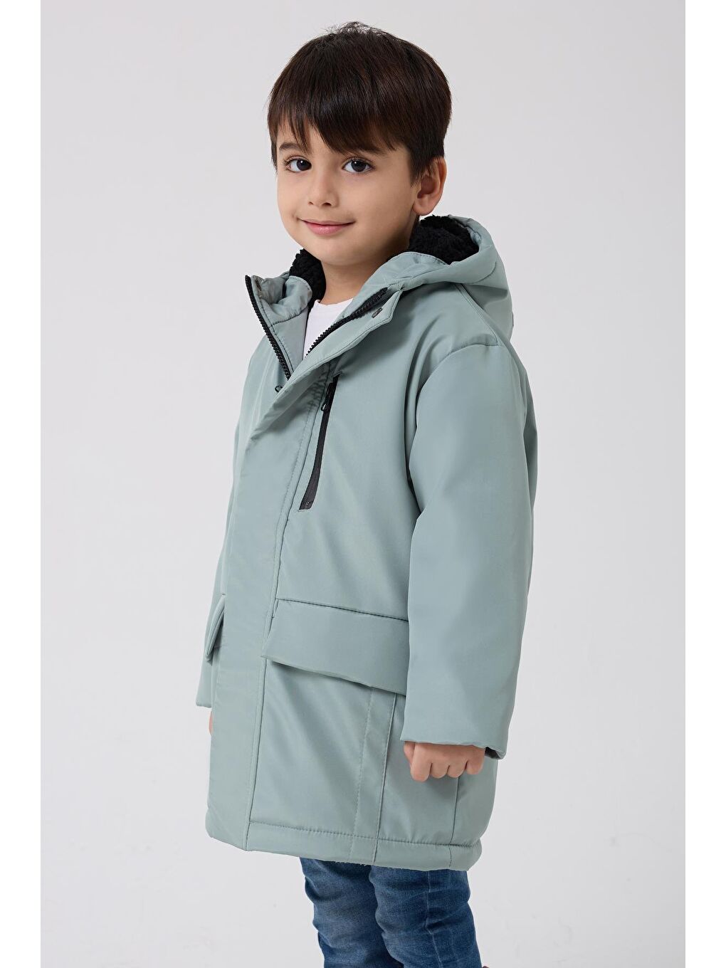 Yeşil Erkek Çocuk Kürklü Su Ve Rüzgar Geçirmez Kapüşonlu 3 Kışlık Mont & Kaban & Parka-2