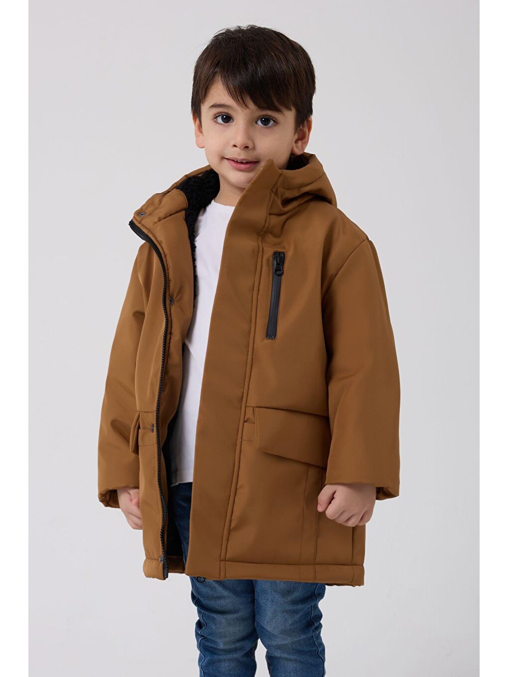 Kahverengi Erkek Çocuk Kürklü Su Ve Rüzgar Geçirmez Kapüşonlu 3 Kışlık Mont & Kaban & Parka