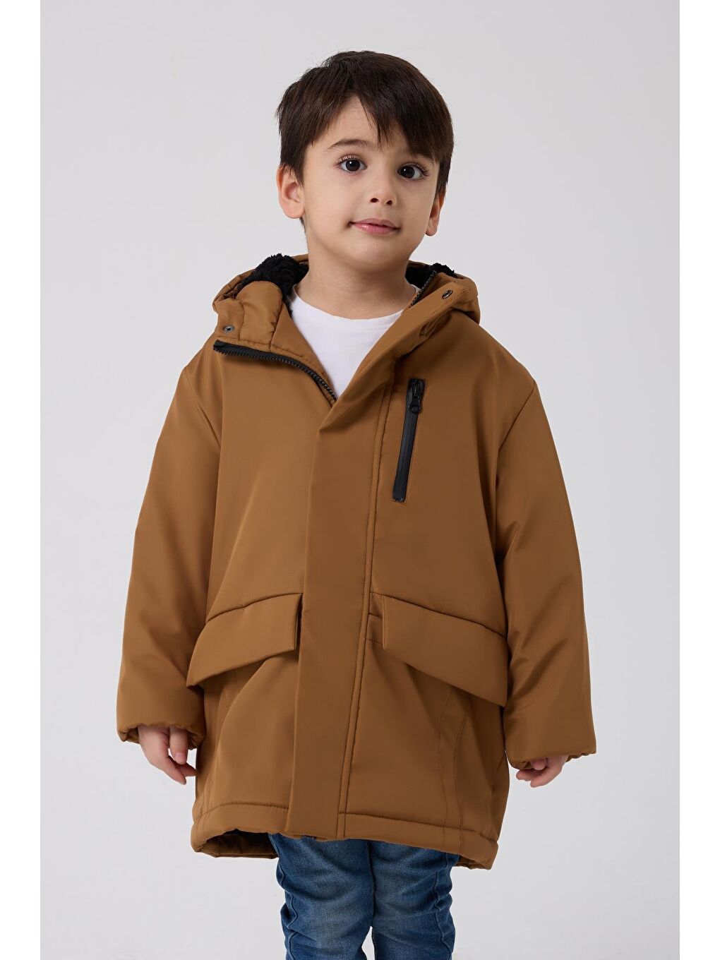 Kahverengi Erkek Çocuk Kürklü Su Ve Rüzgar Geçirmez Kapüşonlu 3 Kışlık Mont & Kaban & Parka-1