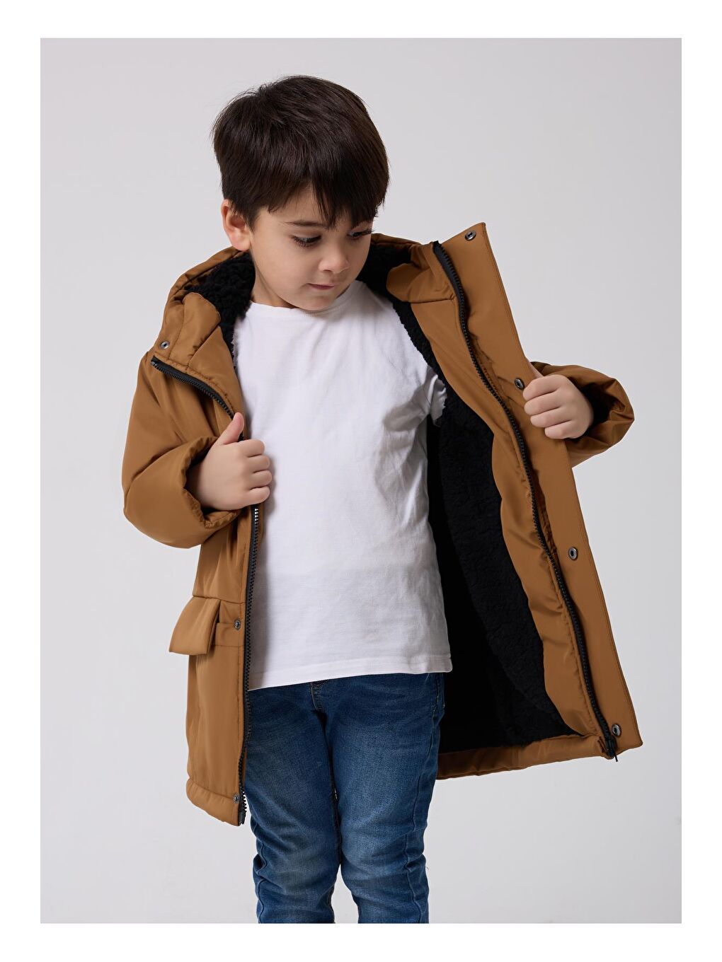 Kahverengi Erkek Çocuk Kürklü Su Ve Rüzgar Geçirmez Kapüşonlu 3 Kışlık Mont & Kaban & Parka-2