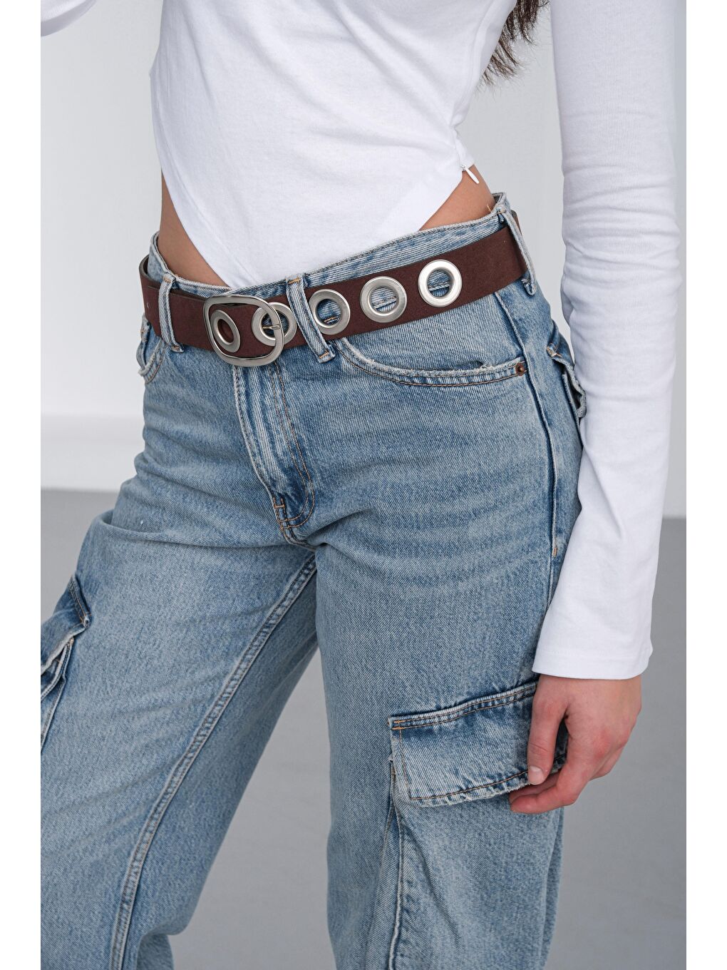 Kahverengi Süet Metal Delikli Kemer Kahve-1