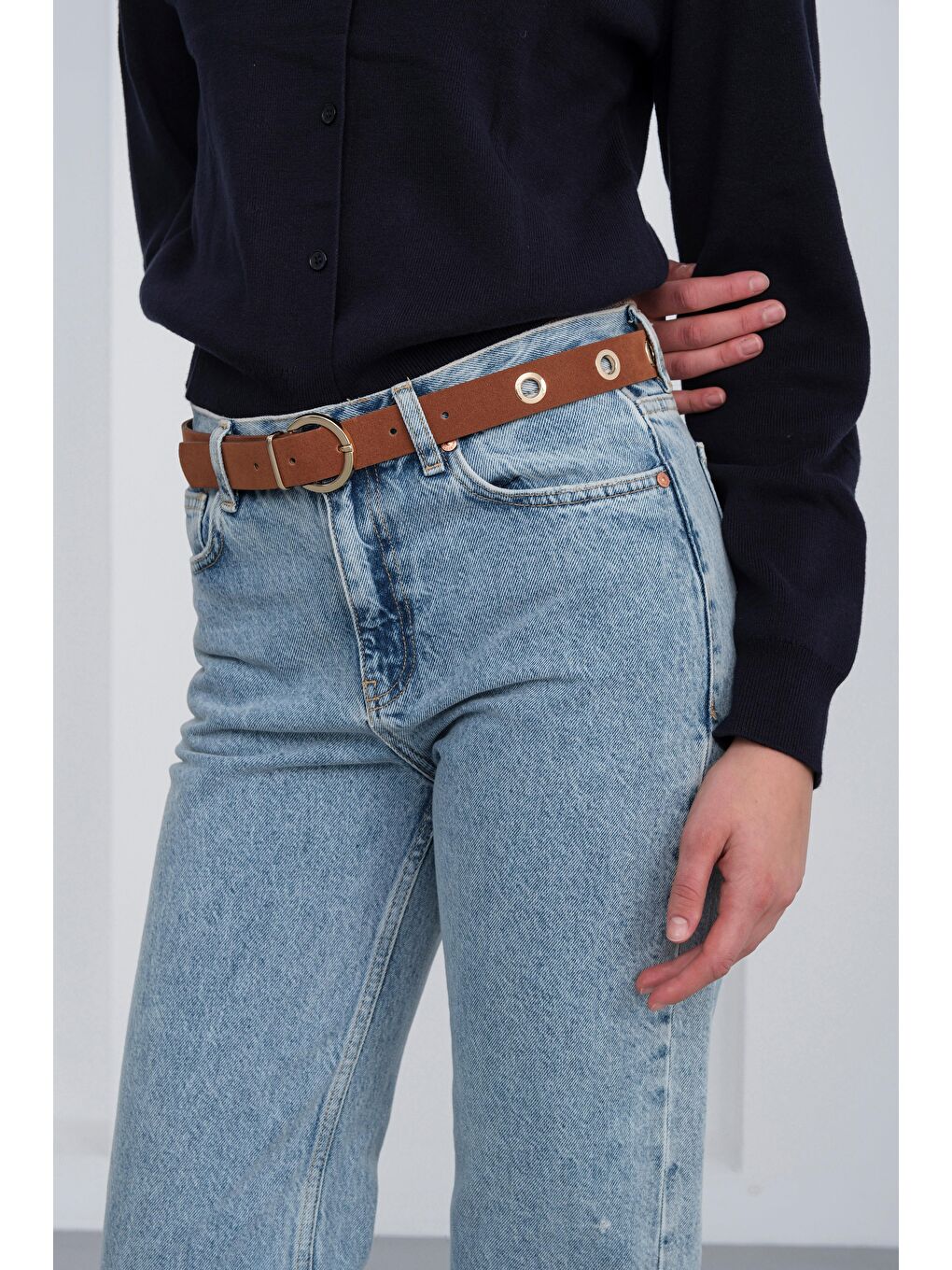 Kahverengi Süet Metal Delikli Kemer Taba-2