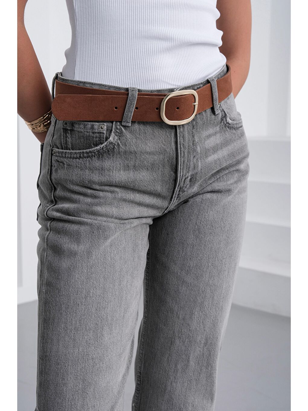 Kahverengi Süet Oval Tokalı Kemer Taba-1