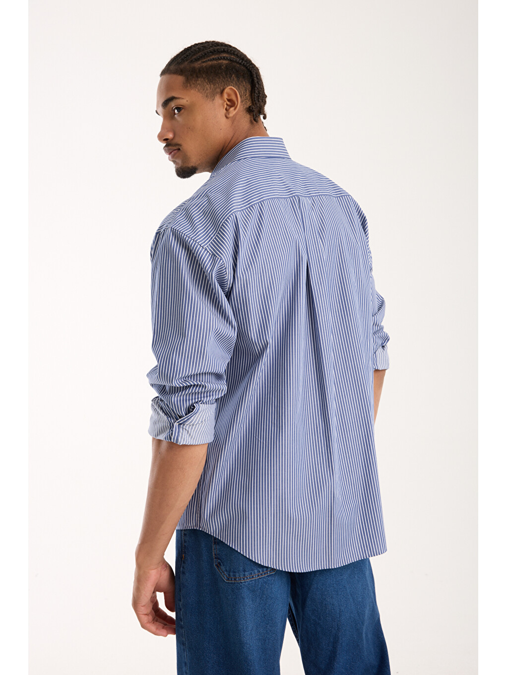 Rio Twill Pamuklu Oversize Fit Lacivert Klasik Yaka Erkek Çizgili Gömlek-4