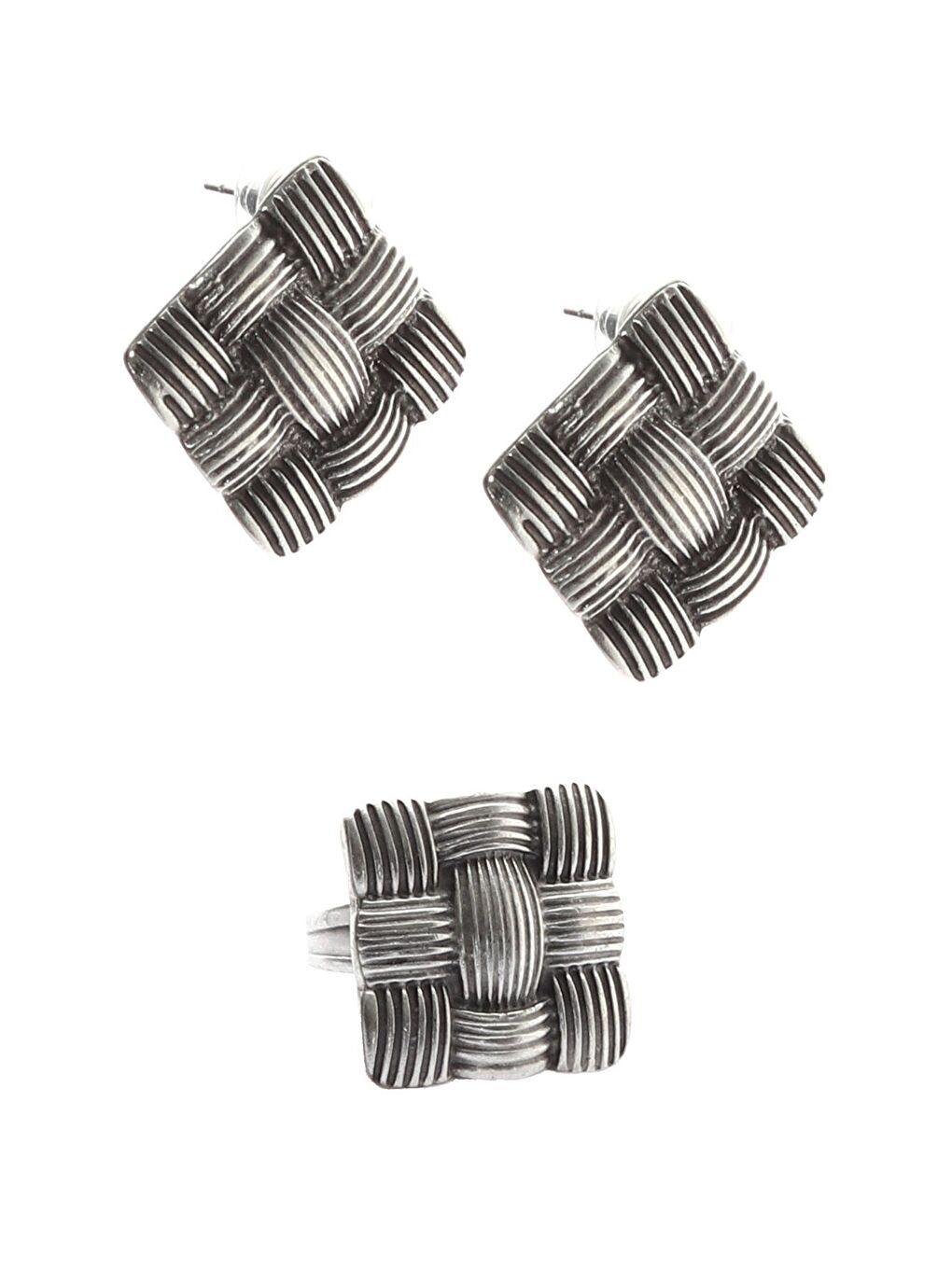 Gri Kadın Antik Gümüş Kaplama Geometrik Formlu Kabartma Örgü Dokulu Çivili Model Küpe & Yüzük Seti