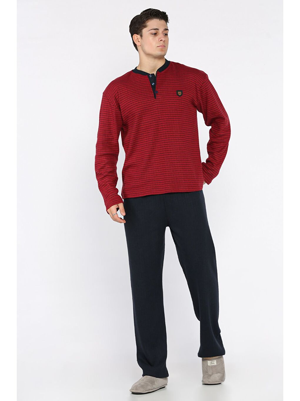 Bordo Erkek Uzun Kol Çizgi Desenli Amblem Detaylı Pijama Takımı