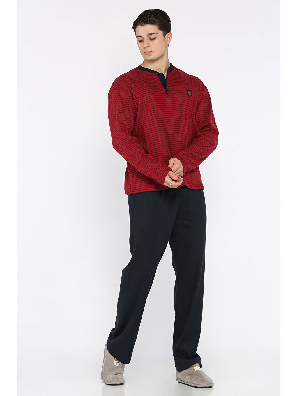 Bordo Erkek Uzun Kol Çizgi Desenli Amblem Detaylı Pijama Takımı-1