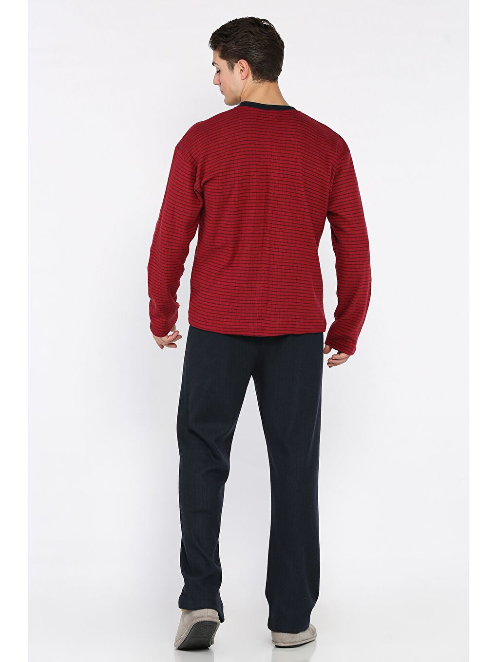 Bordo Erkek Uzun Kol Çizgi Desenli Amblem Detaylı Pijama Takımı-2