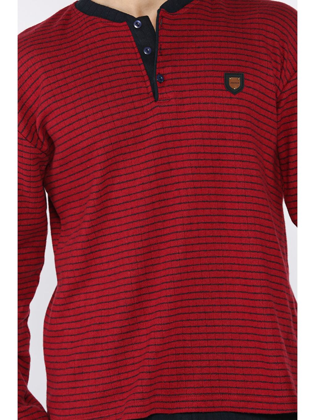 Bordo Erkek Uzun Kol Çizgi Desenli Amblem Detaylı Pijama Takımı-3