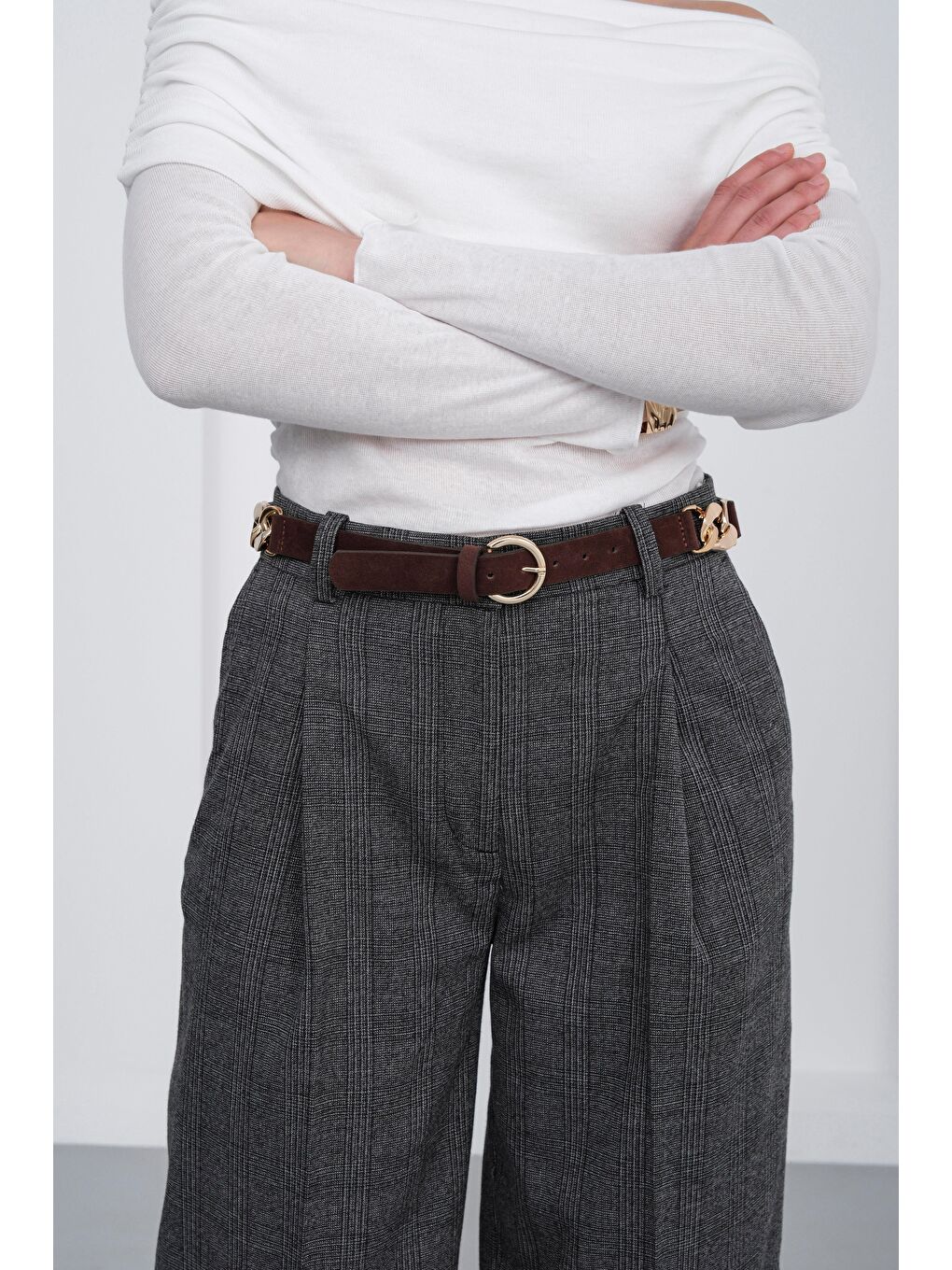 Kahverengi Süet Zincir Detaylı Kemer Kahve