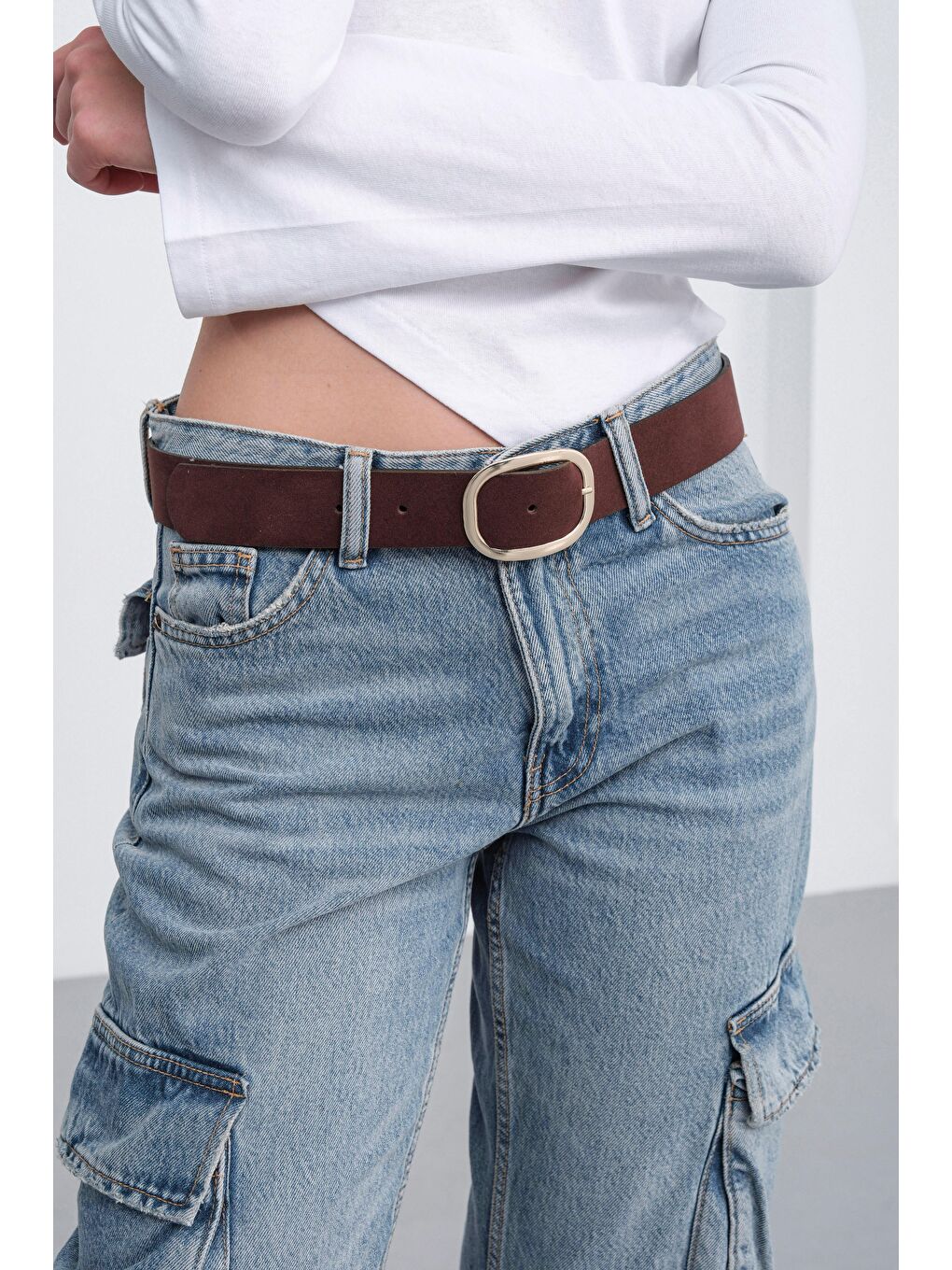 Kahverengi Süet Oval Tokalı Kemer Kahve-1