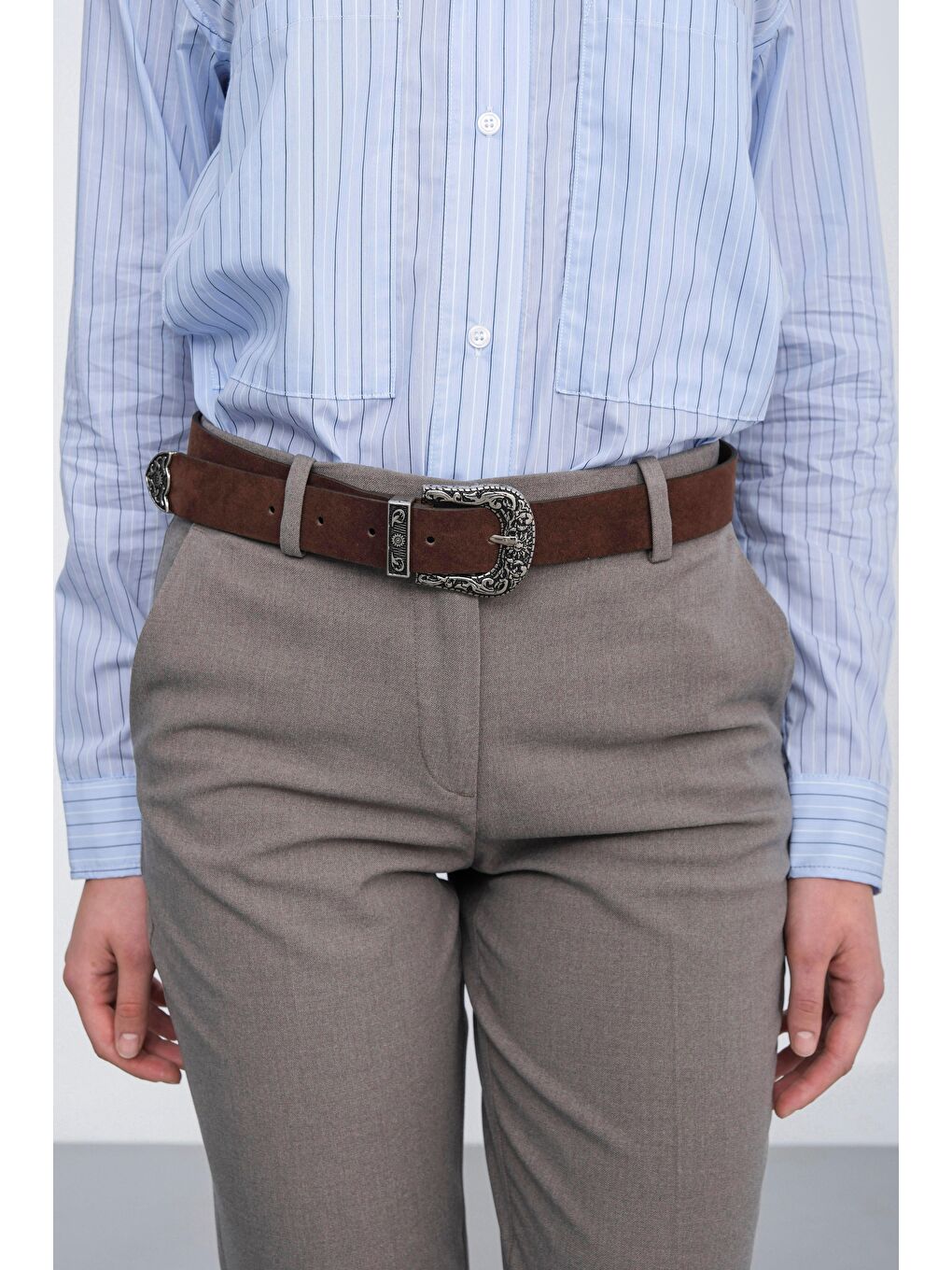 Kahverengi Süet Kovboy Tokalı Kemer Kahve