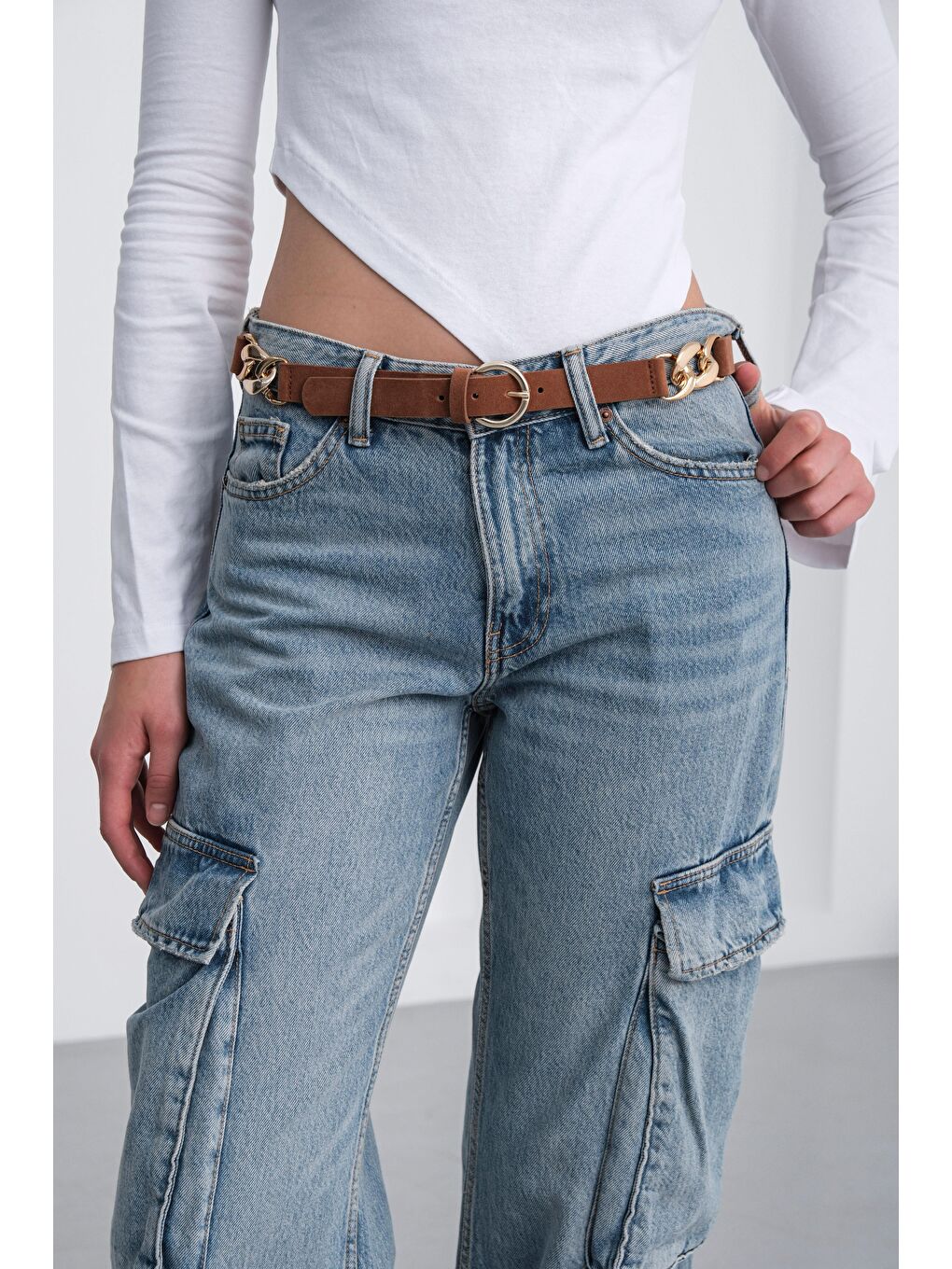 Kahverengi Süet Zincir Detaylı Kemer Taba