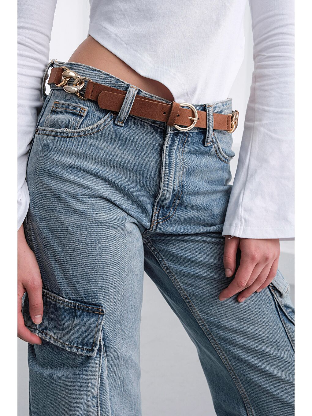 Kahverengi Süet Zincir Detaylı Kemer Taba-2