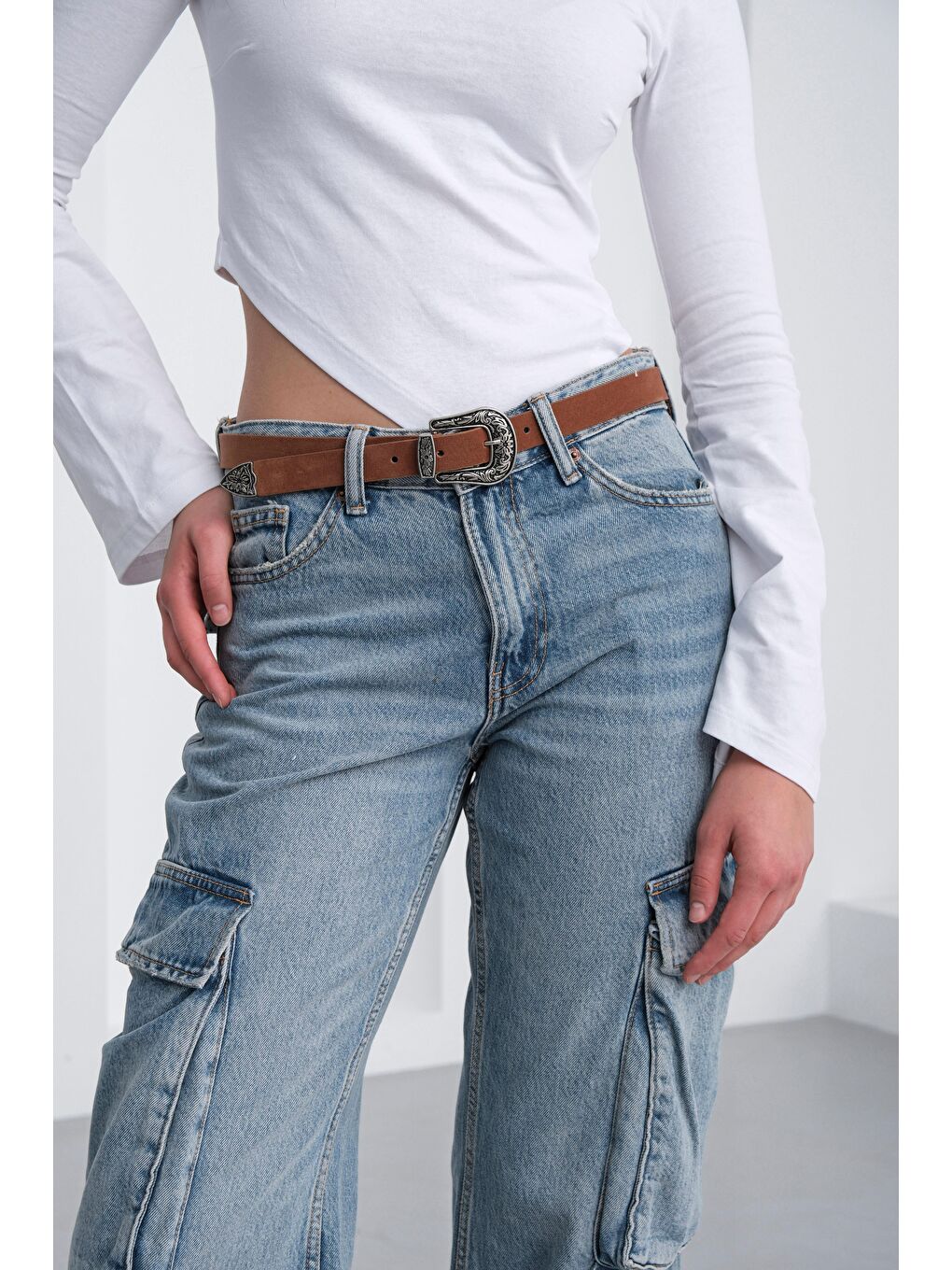 Kahverengi Süet Kovboy Tokalı Kemer Taba