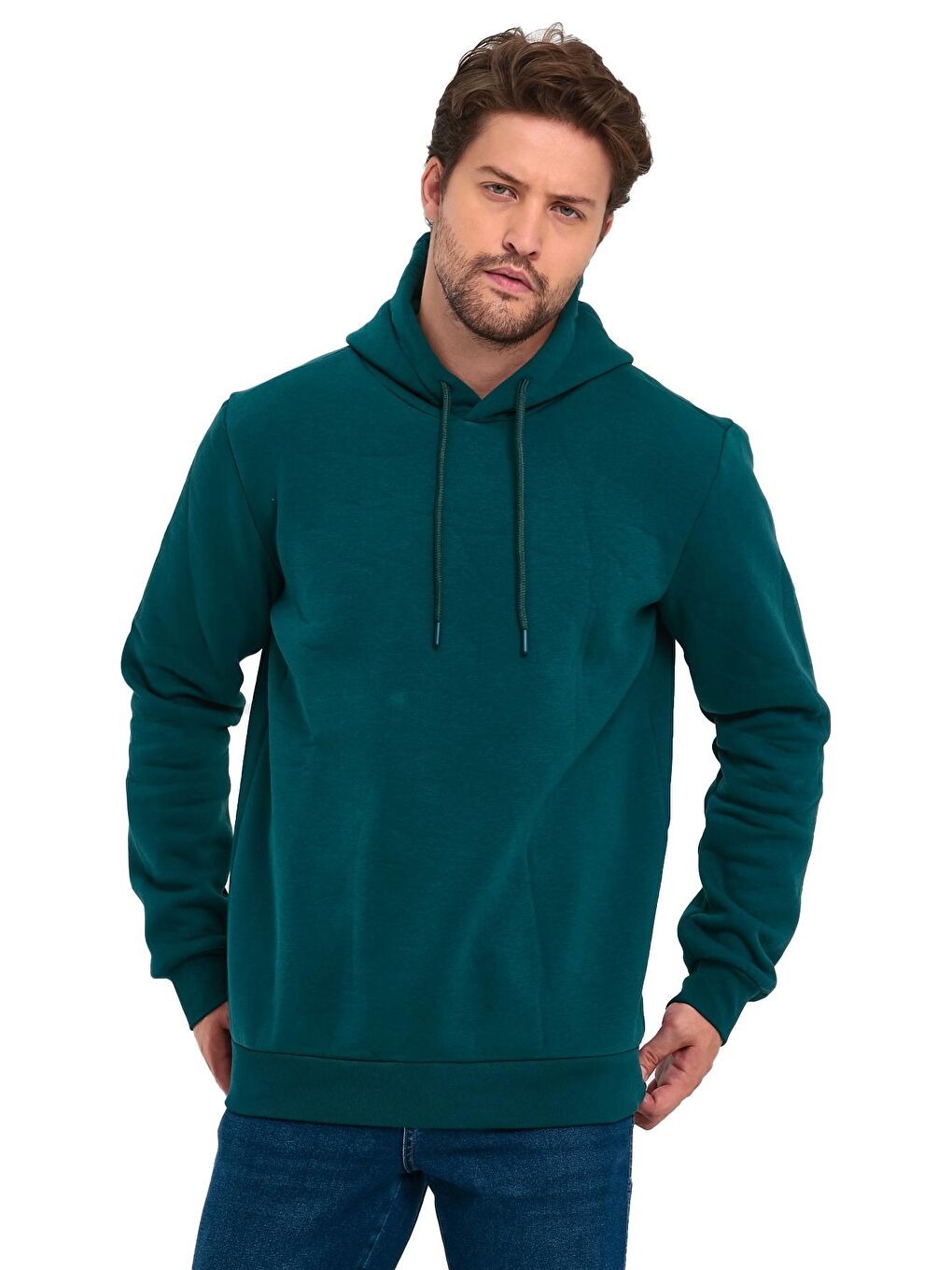 Haki 3 İplik Kapüşonlu Erkek Hoodie
