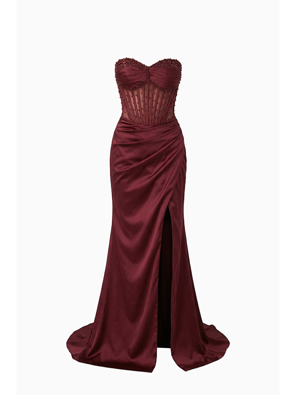 Kadın Bordo Dar Kalıp Straplez Boncuklu Uzun Saten Abiye Elbise-6