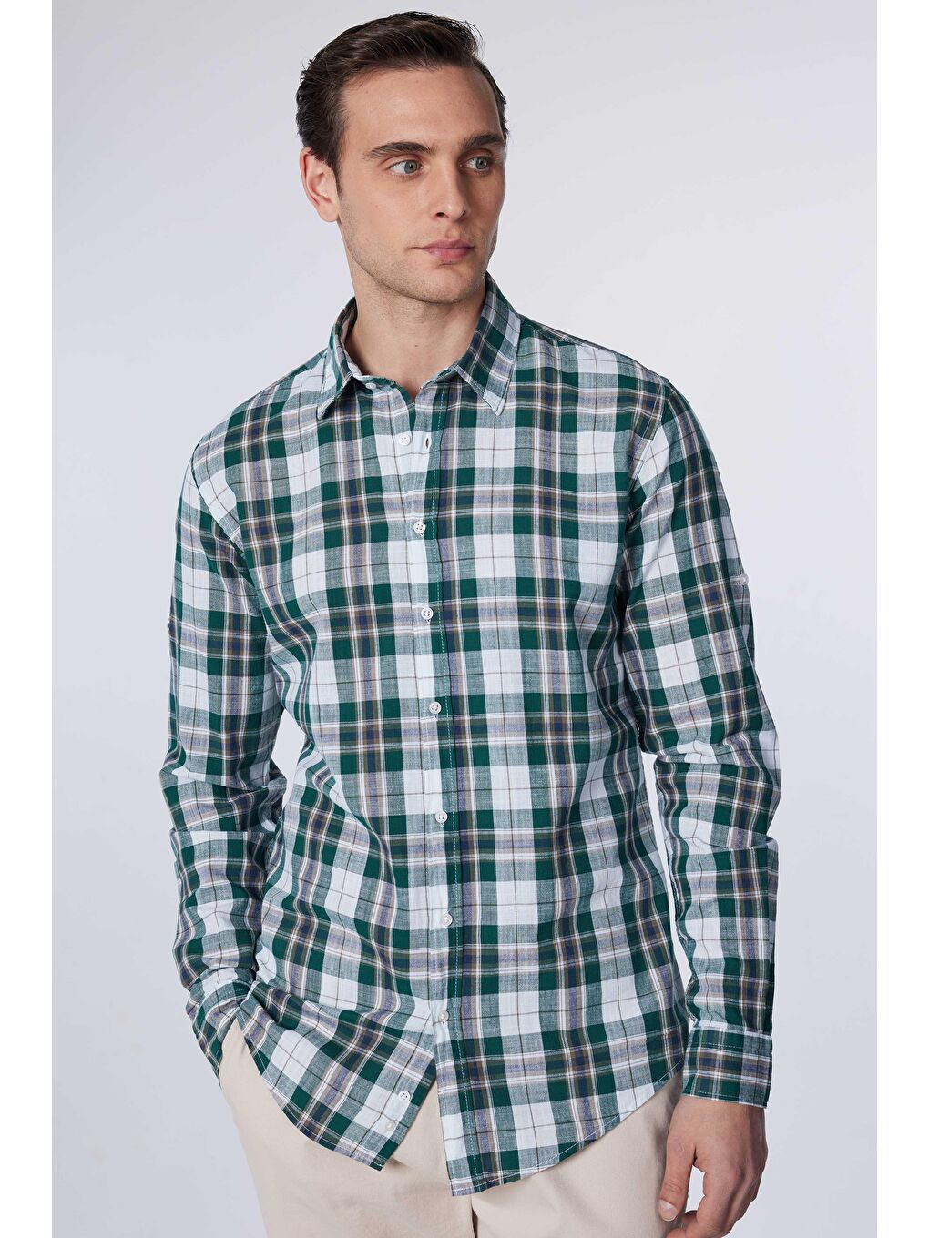 Karışık Slim Fit Uzun Kollu Dar Kalıp Kareli Keten Doku Yazlık Erkek Gömlek