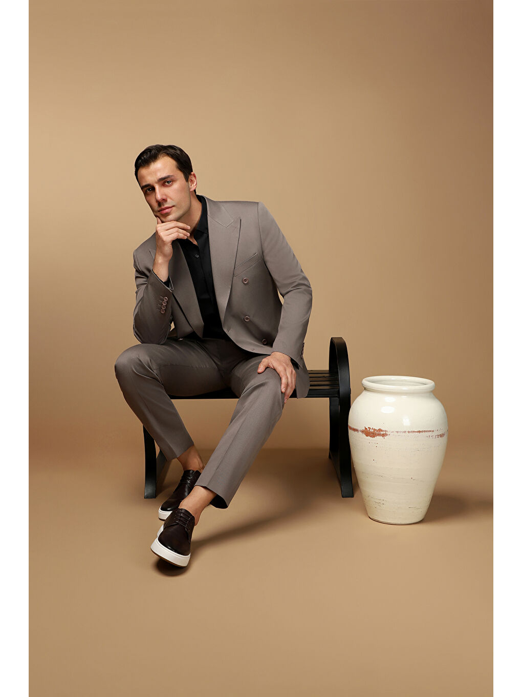 Kahverengi Slim Fit Dar Kesim Pamuklu Lyocell Kruvaze Takım Elbise