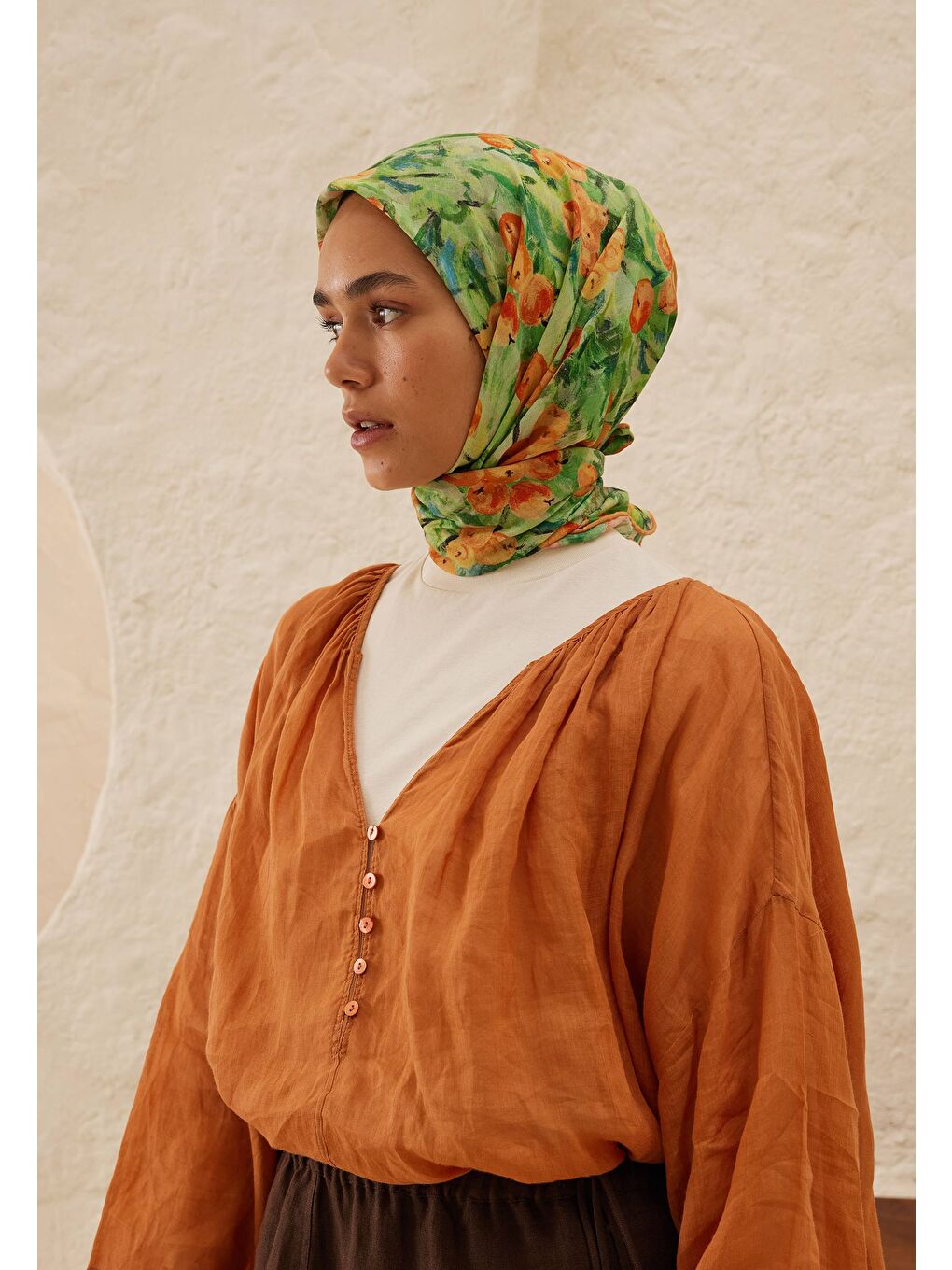 Pembe Peach Garden Desen Pamuk Vual Eşarp Şeftalı-1