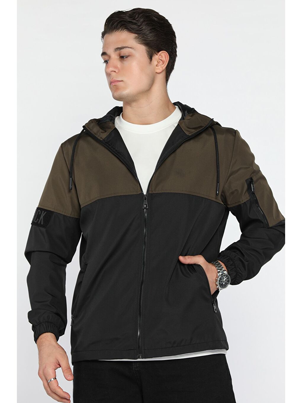 Haki Erkek Renk Garnili Kapüşonlu Mevsimlik Mont-1