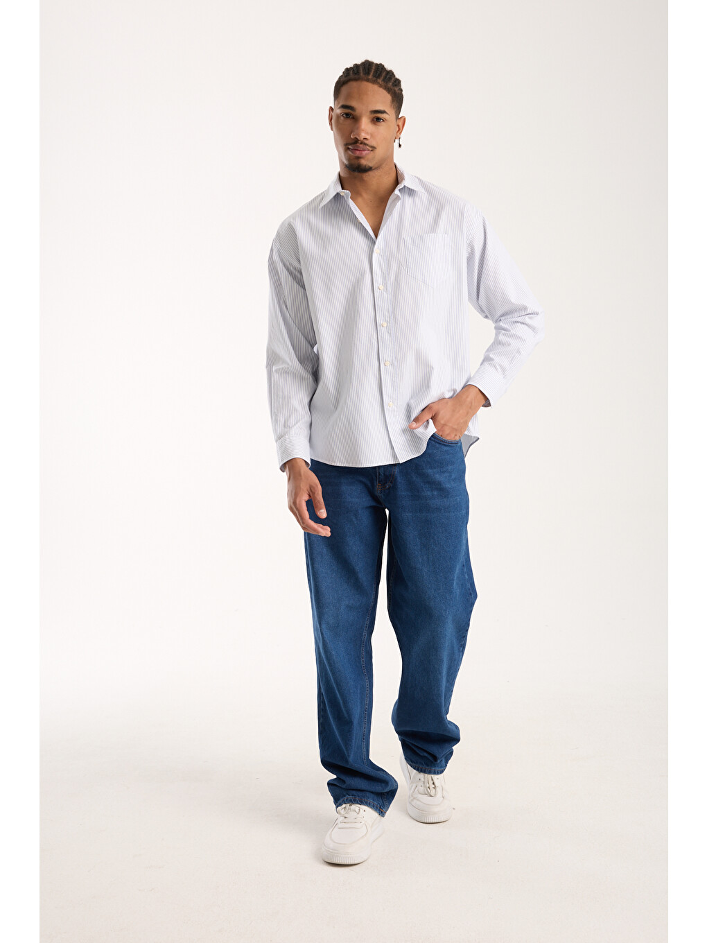 Rio Oxford Pamuklu Oversize Fit Açık Mavi Klasik Yaka Erkek Çizgili Gömlek-2