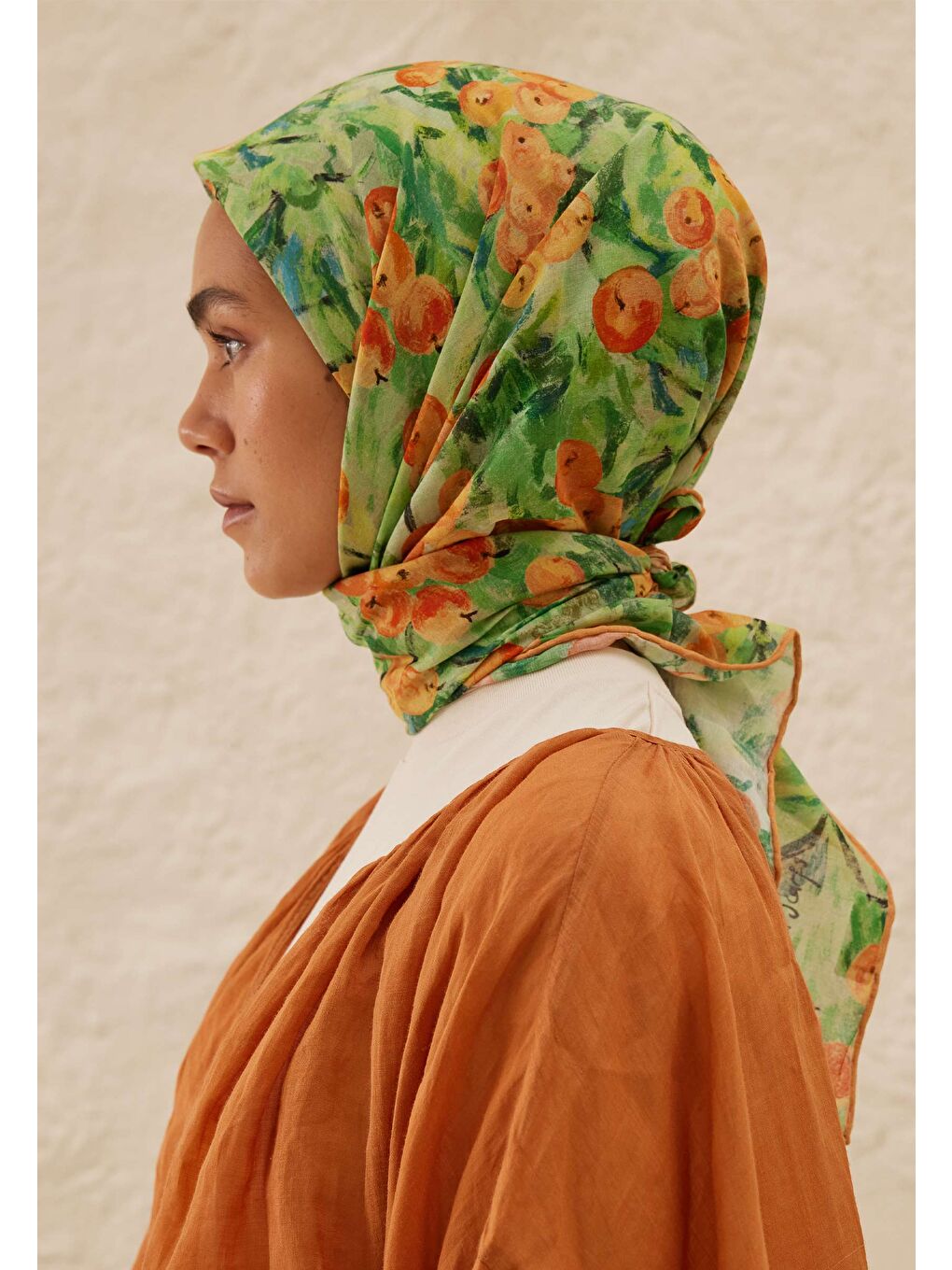 Pembe Peach Garden Desen Pamuk Vual Eşarp Şeftalı-3