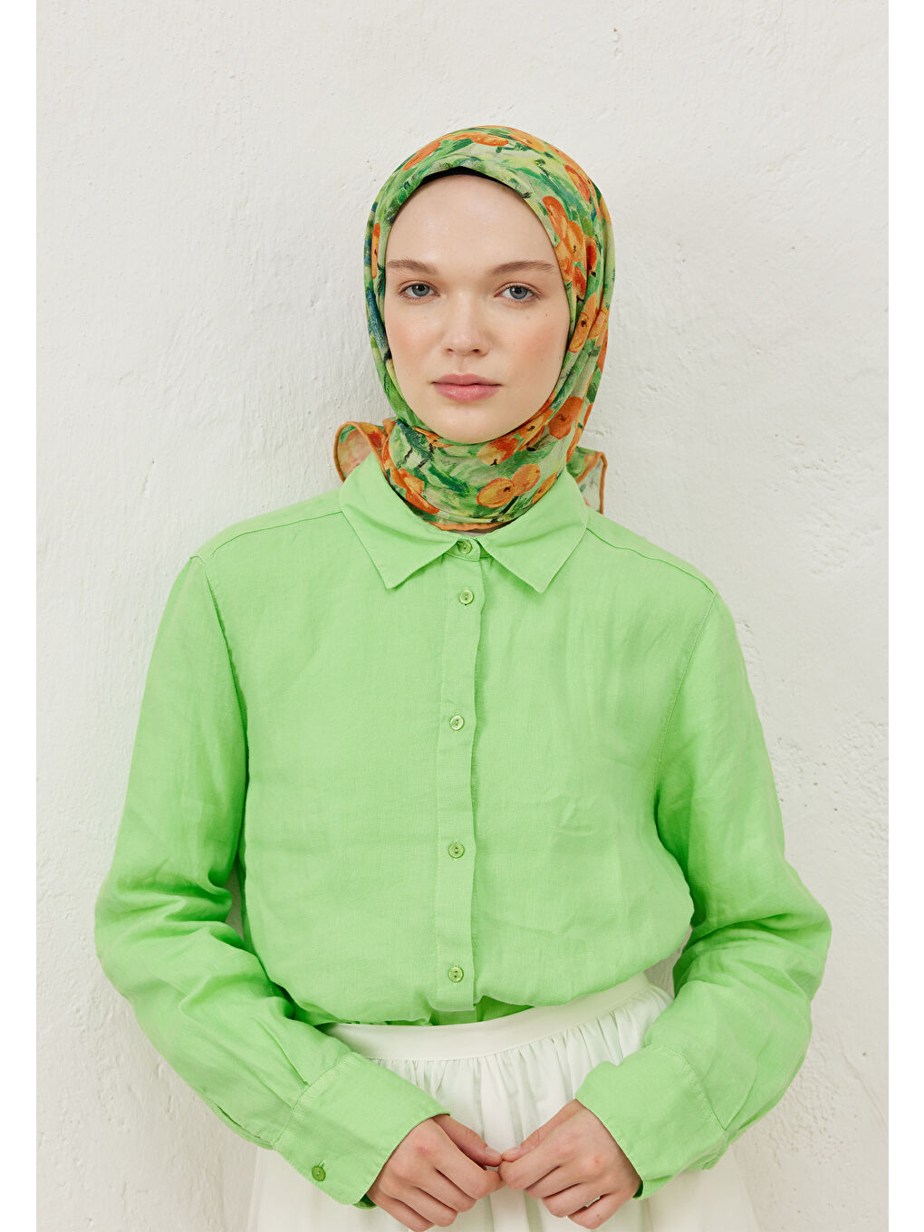 Pembe Peach Garden Desen Pamuk Vual Eşarp Şeftalı-4