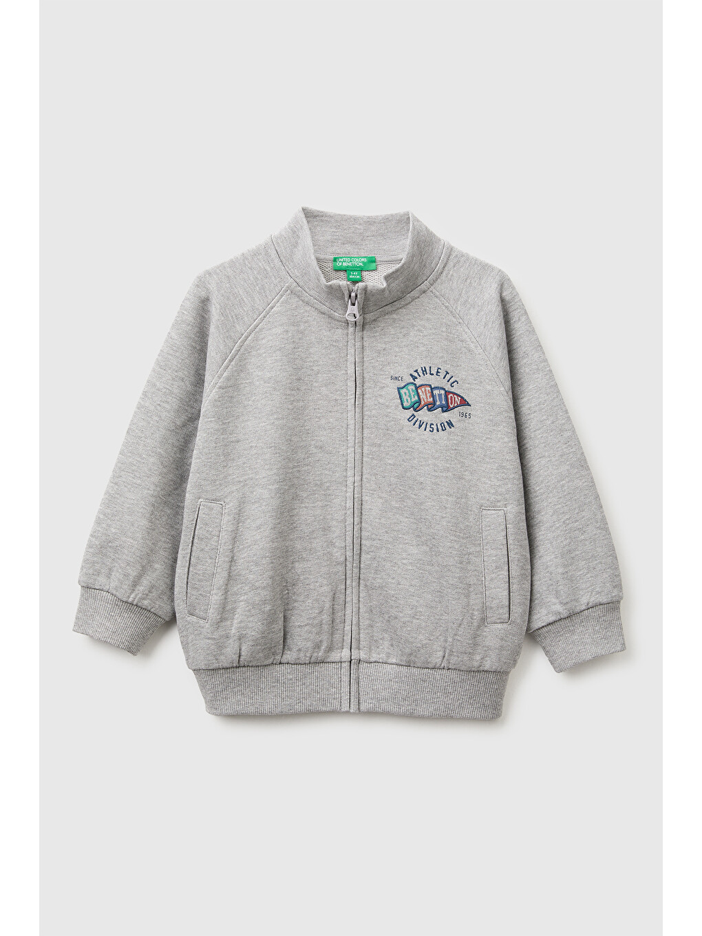 Erkek Bebek Gri Melanj Önü İşlemeli Ribanalı Boğazlı Fermuarlı Dik Yaka Sweatshirt