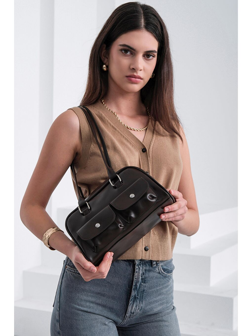 Kahverengi Rhan Retro Baget Çantası Kahve-1