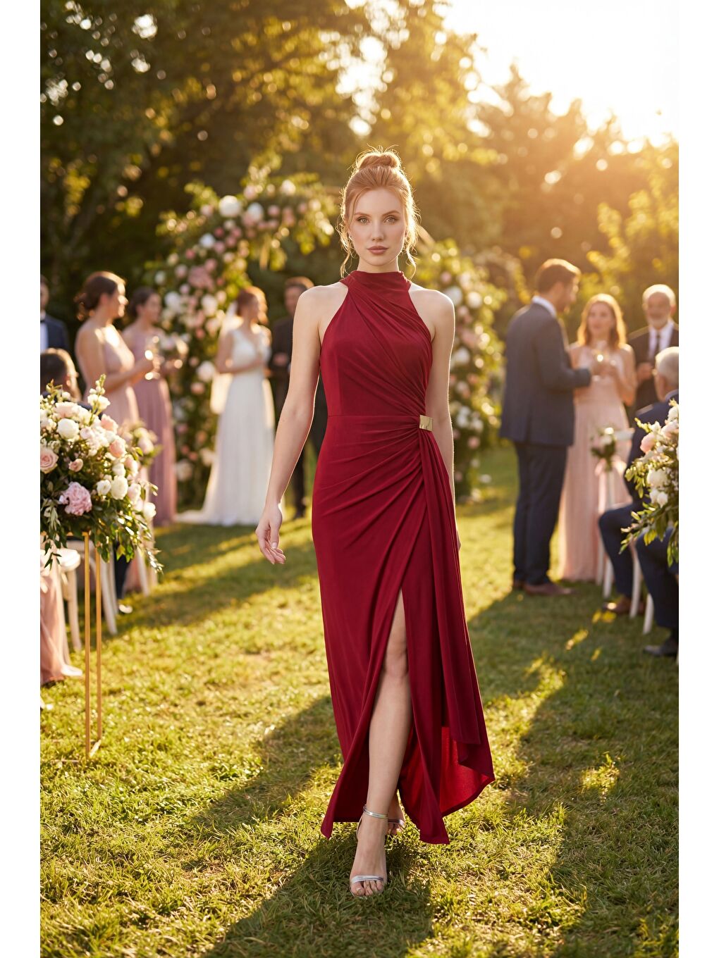 Kadın Bordo Halter Yaka Aksesuar Detay Uzun Abiye Elbise-4