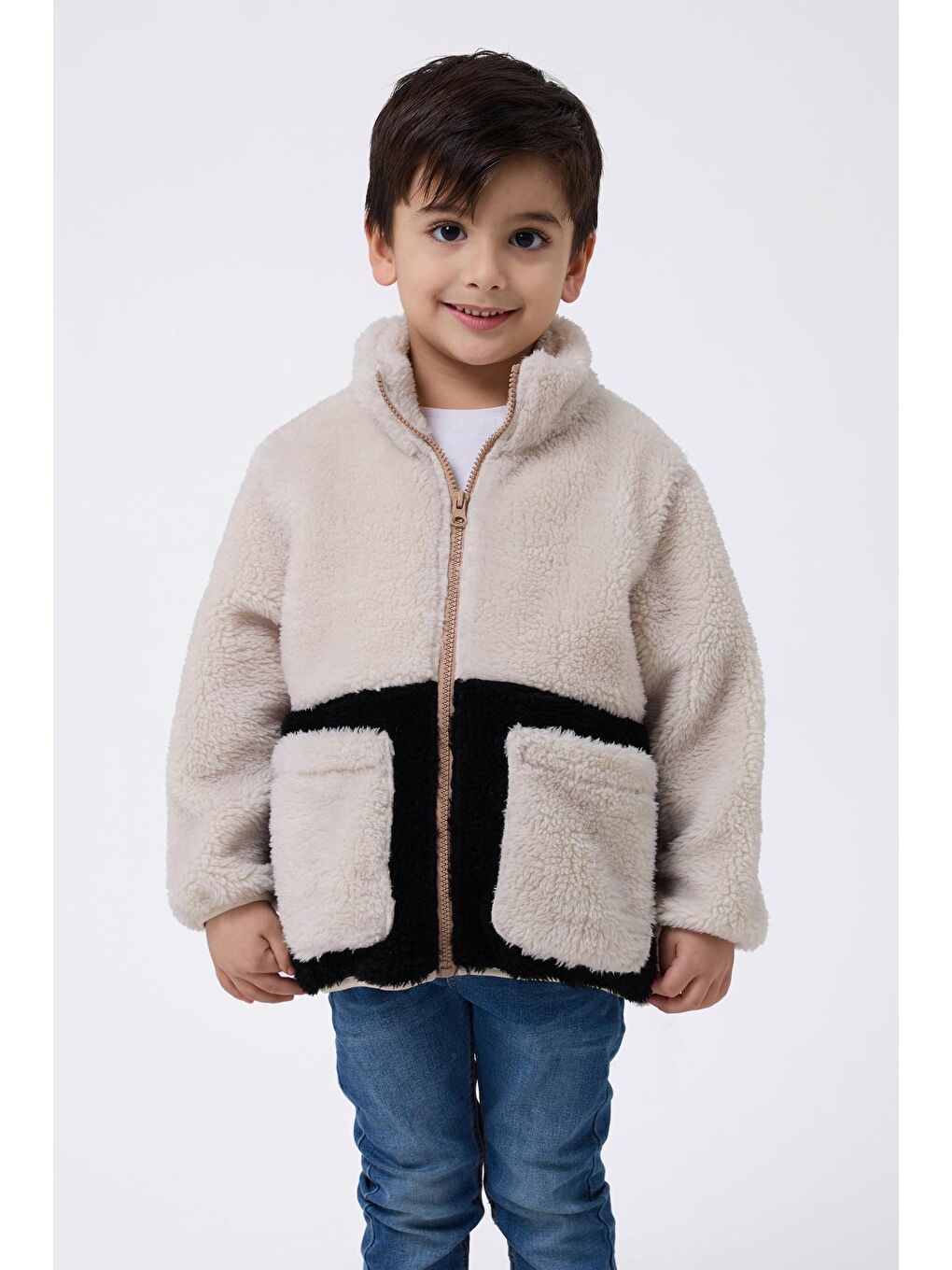 Ekru Erkek Çocuk Pelüş Fermuarlı Welsoft Kışlık Mont