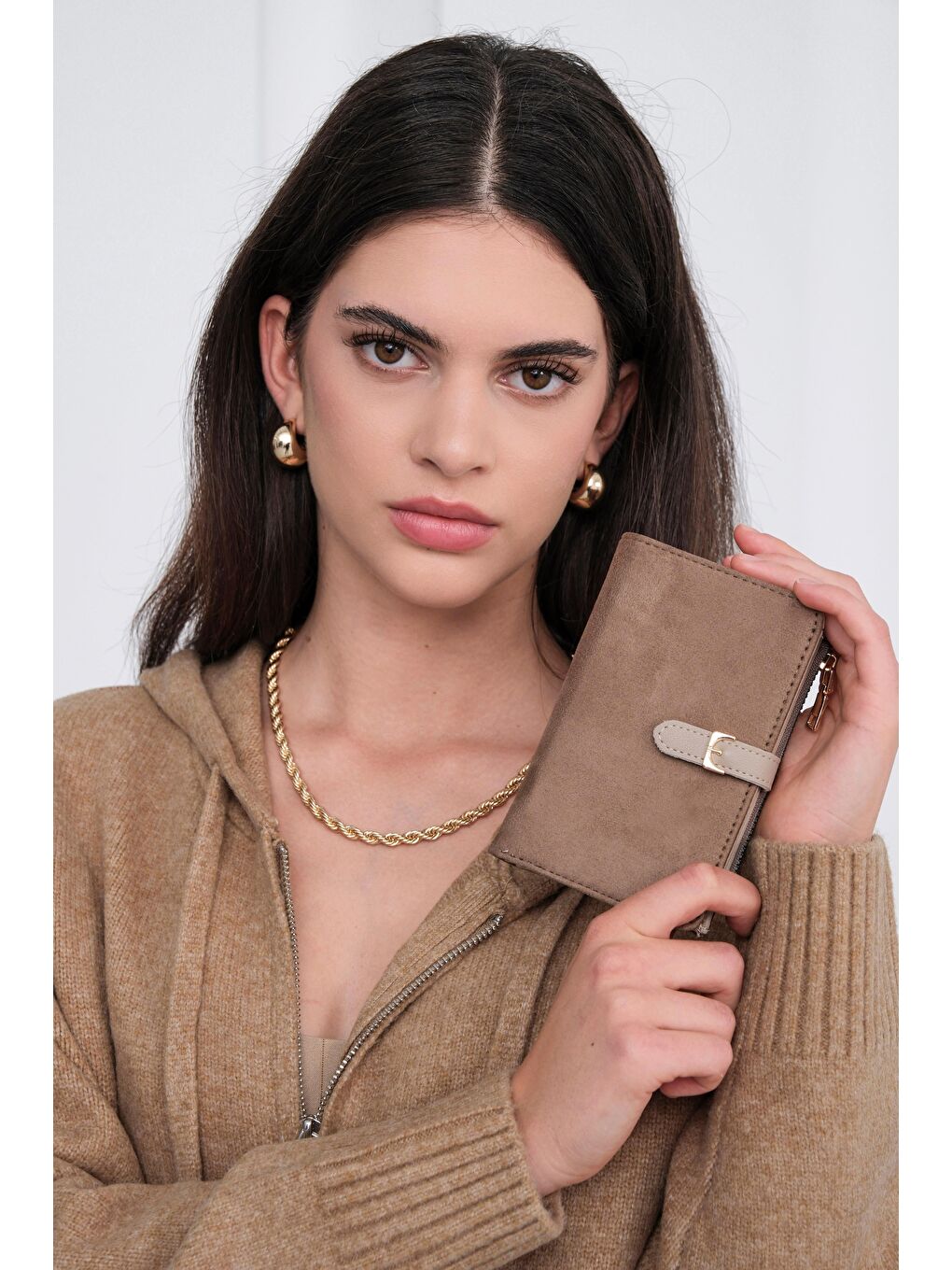 Bej Kemerli Alpha Cüzdan Süet Vizon