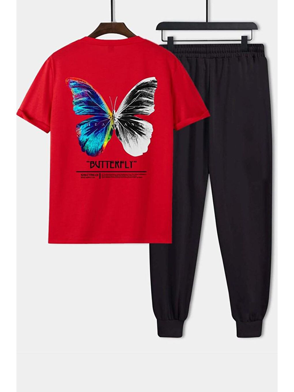 uyguntarz Kırmızı Unisex Butterfly Baskılı 2'li Eşofman Takımı - 1