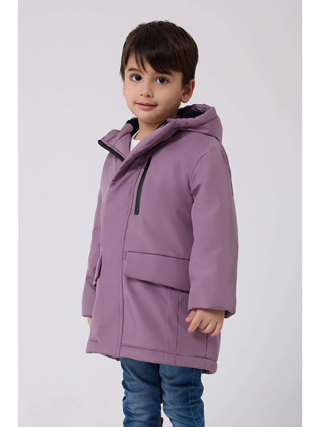 Lila Erkek Çocuk Kürklü Su Ve Rüzgar Geçirmez Kapüşonlu 3 Kışlık Mont & Kaban & Parka-1