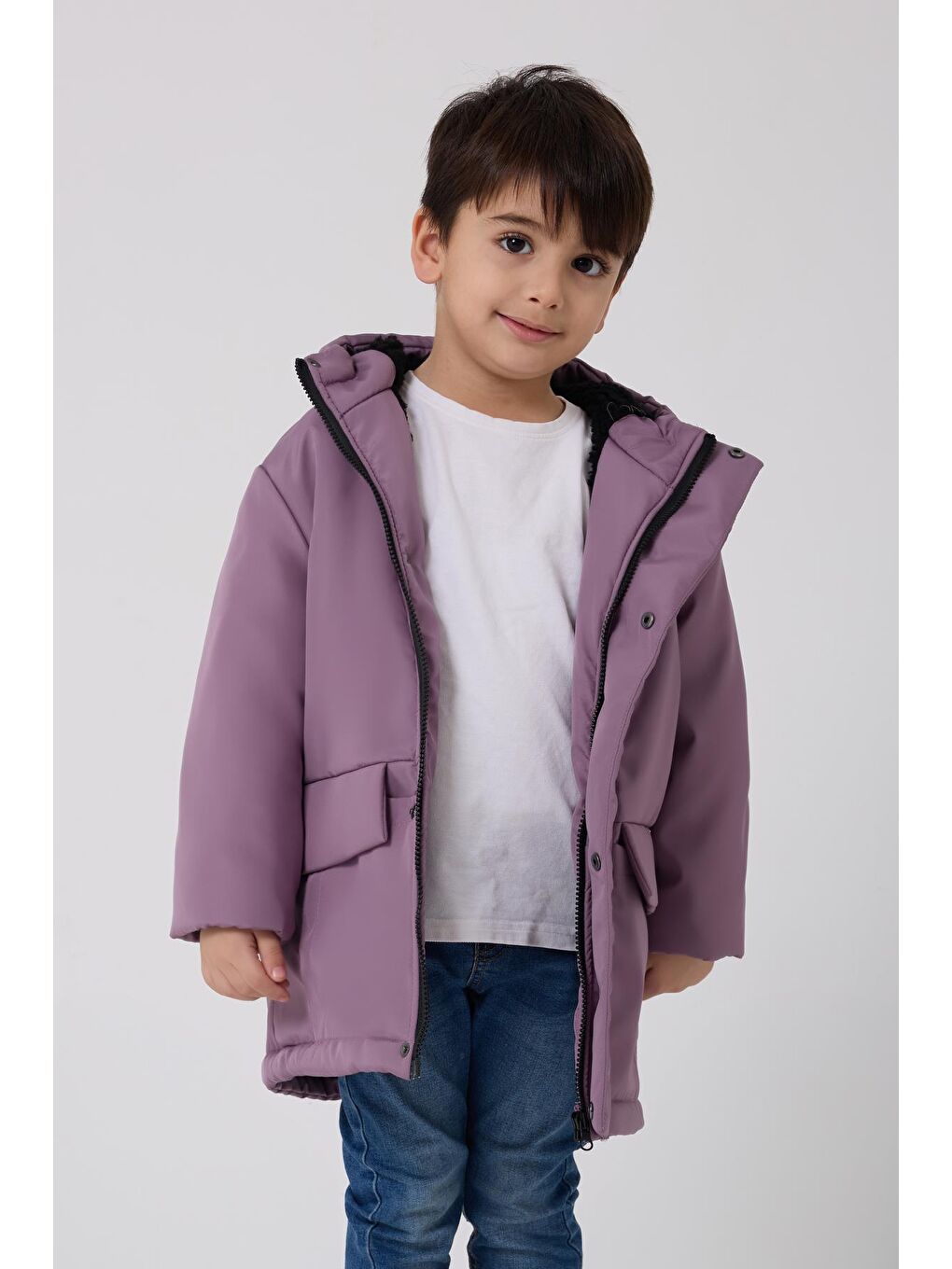 Lila Erkek Çocuk Kürklü Su Ve Rüzgar Geçirmez Kapüşonlu 3 Kışlık Mont & Kaban & Parka-2