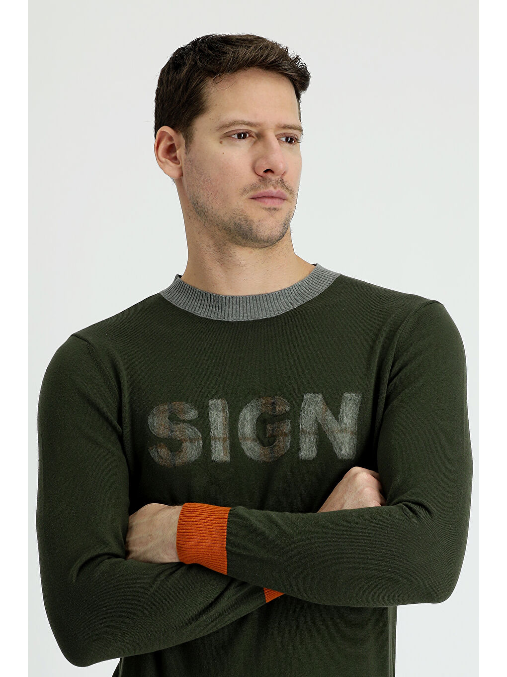 Haki Bisiklet Yaka Slim Fit Dar Kesim Desenli Pamuklu Triko Kazak