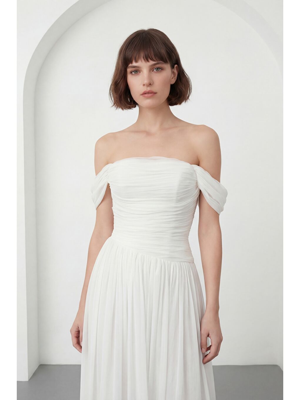 Kadın Beyaz Kayık Yaka Drapeli Uzun Söz Nişan Nikah Abiye Elbise-2