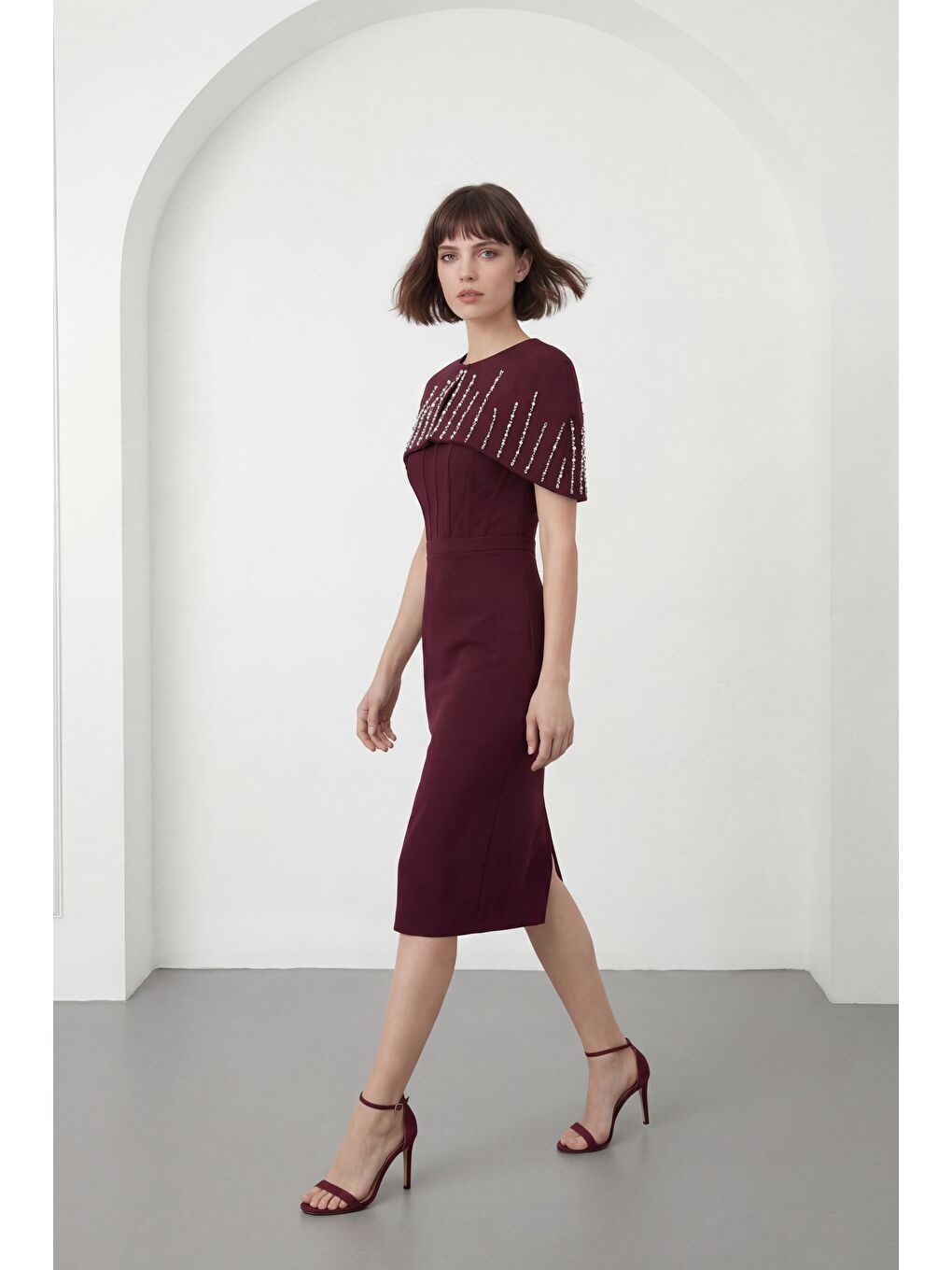 Kadın Bordo Dar Kalıp Ceketli Taşlı Midi Söz Nişan Nikah Abiye Elbise-1