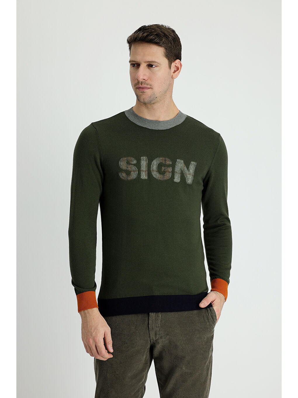 Haki Bisiklet Yaka Slim Fit Dar Kesim Desenli Pamuklu Triko Kazak-1