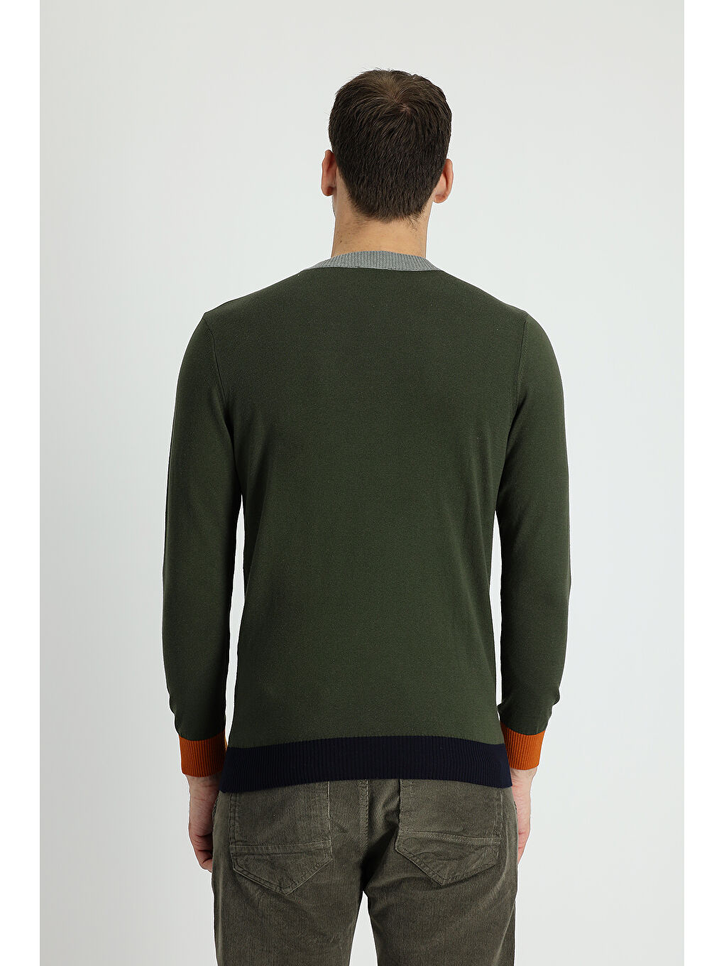 Haki Bisiklet Yaka Slim Fit Dar Kesim Desenli Pamuklu Triko Kazak-2