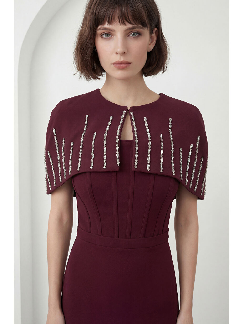 Kadın Bordo Dar Kalıp Ceketli Taşlı Midi Söz Nişan Nikah Abiye Elbise-2