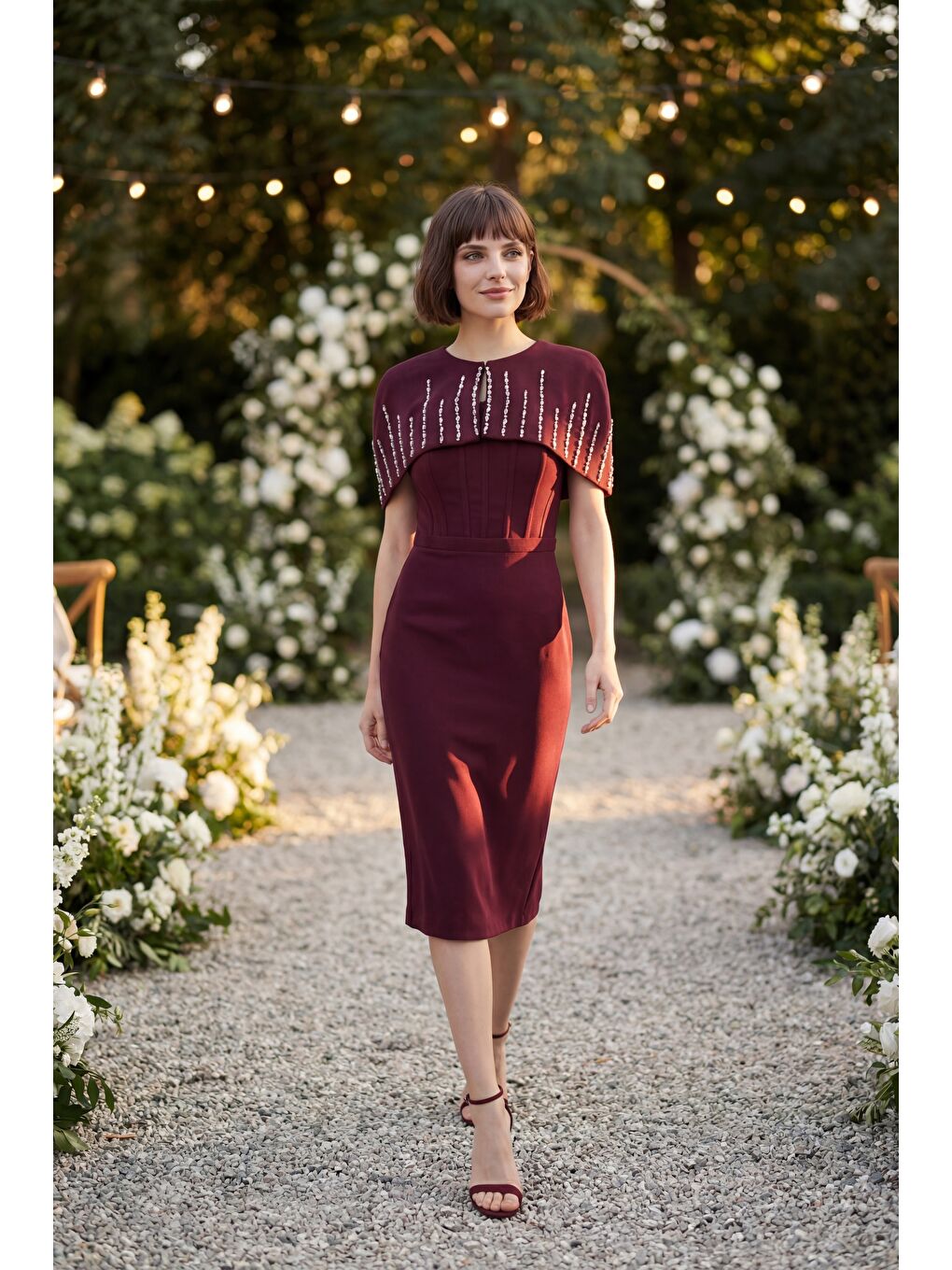 Kadın Bordo Dar Kalıp Ceketli Taşlı Midi Söz Nişan Nikah Abiye Elbise-4