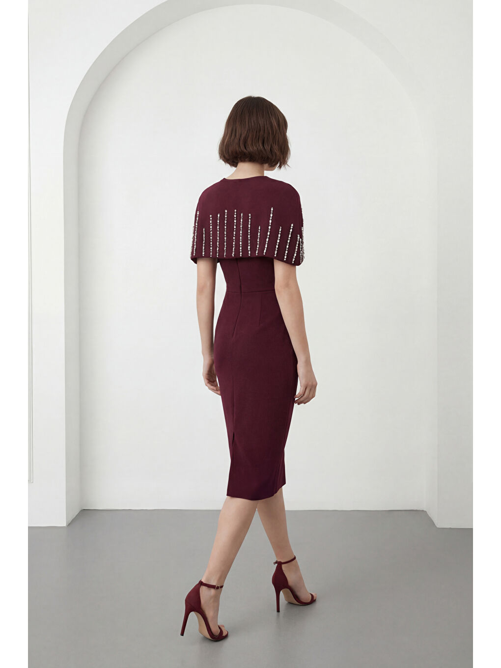 Kadın Bordo Dar Kalıp Ceketli Taşlı Midi Söz Nişan Nikah Abiye Elbise-5