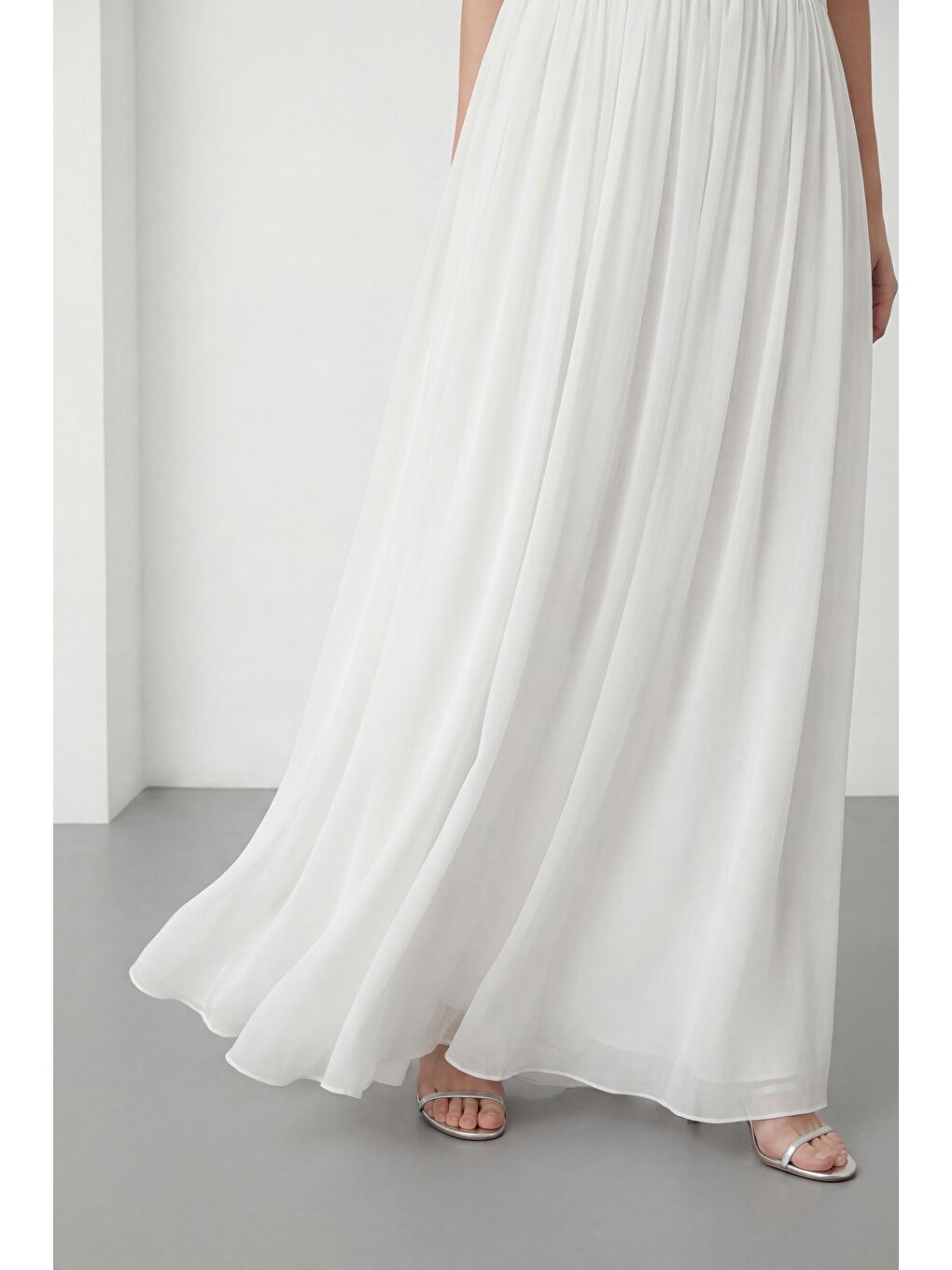 Kadın Beyaz Kayık Yaka Drapeli Uzun Söz Nişan Nikah Abiye Elbise-3