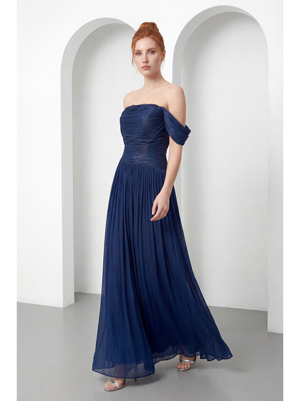 Kadın Lacivert Kayık Yaka Drapeli Uzun Söz Nişan Nikah Abiye Elbise-1